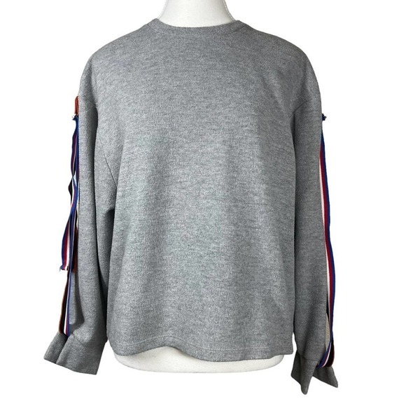 Zara Sweatshirt Striped Strap Sleeves Crewneck Gray Small - Picture 2 of 9